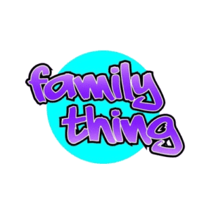 Family Thing Logo - The Family Thing dance logo is purple writing in a graffiti style on a cyan circle.